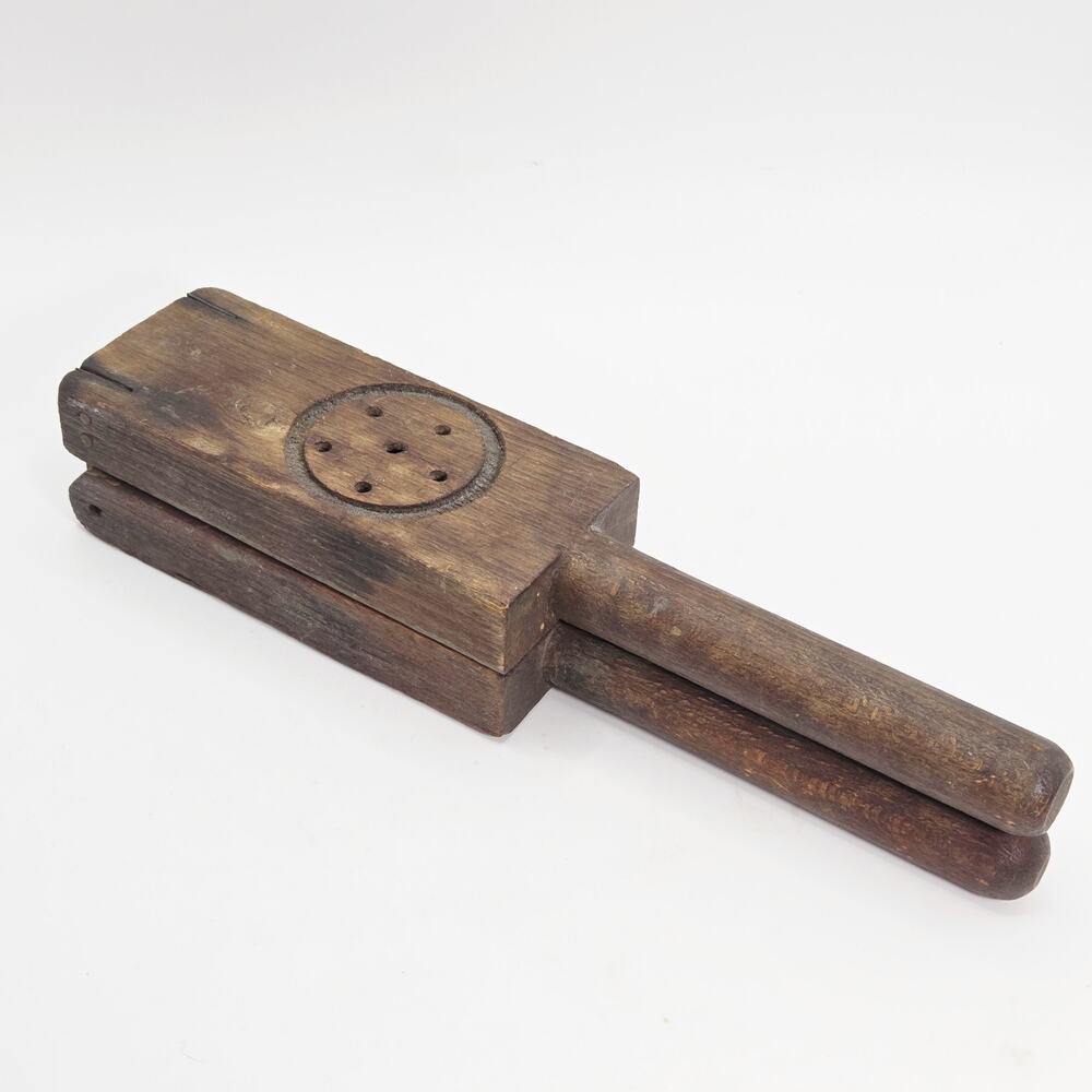 Antique Primitive Wooden Lemon Squeezer Metal Hinge Nails